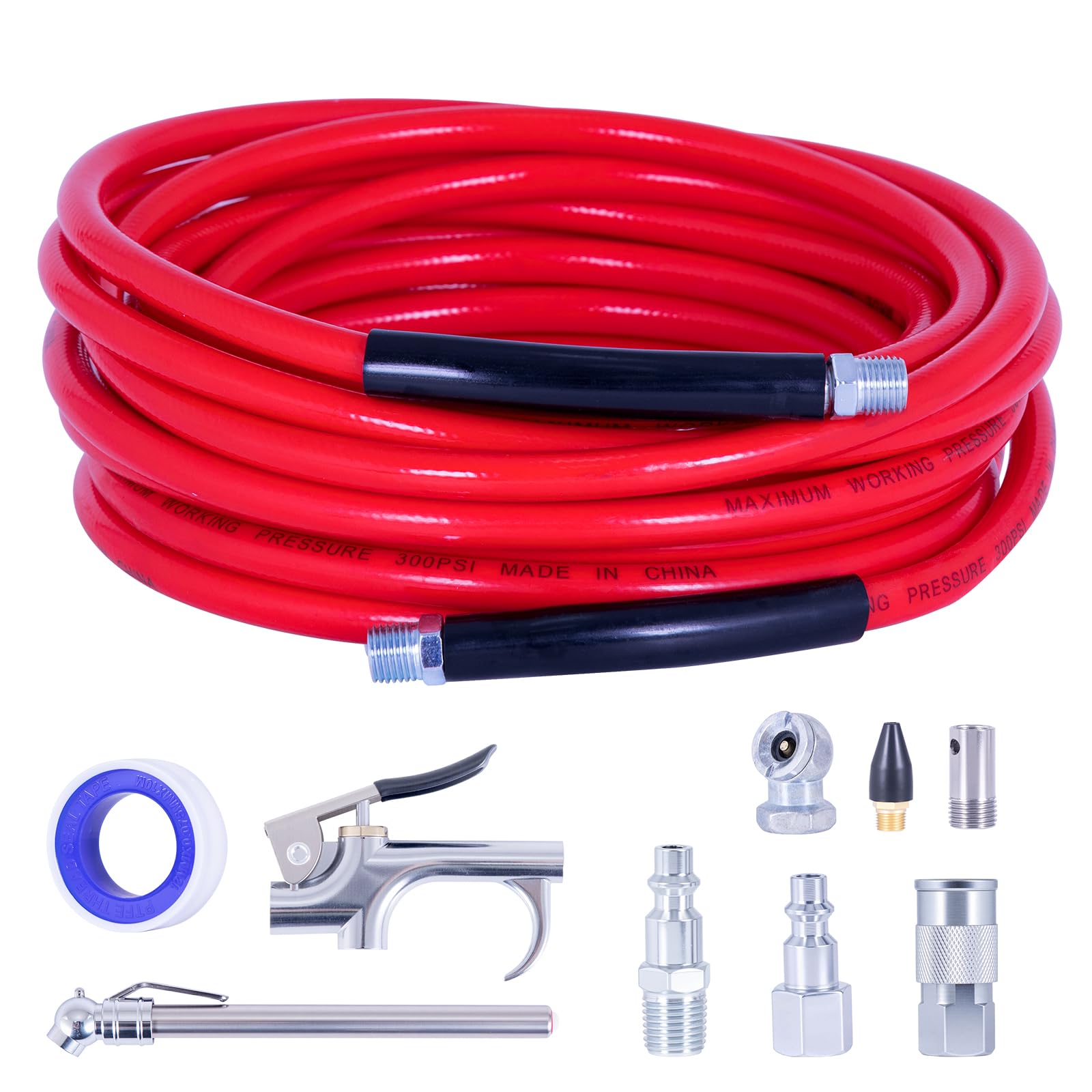 ECOMAX Air Compressor Accessories 10PCS, 1-1/4 Inch × 25FT Red PVC Hose, Includes Blow Gun, Fittings, Chuck, Tire Gauge
