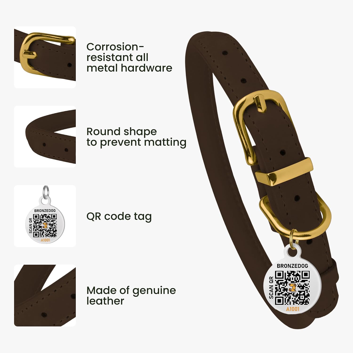 Rolled Leather Dog Collar, QR Tag, Anti-Tangle (11-14.5", Brown) image 3