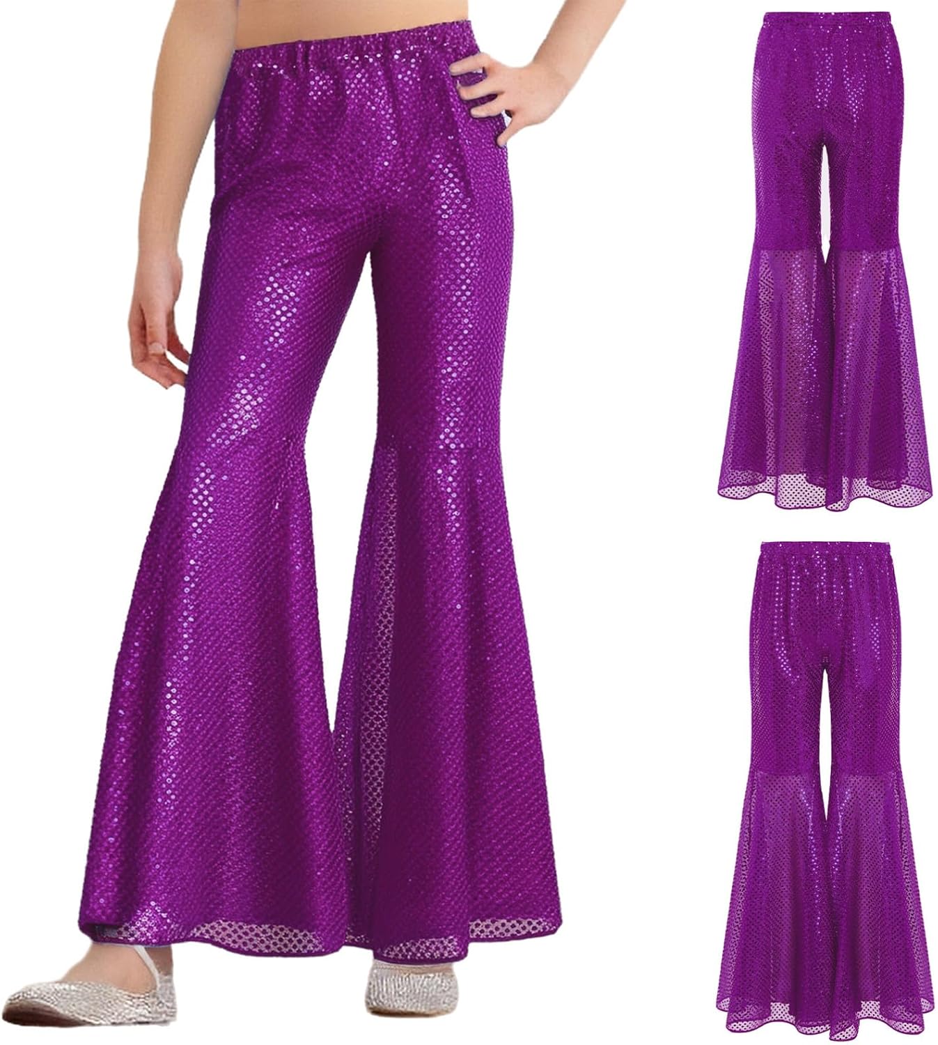 Aislor Kids Girls Sequins Disco Hip Hop Jazz Dance Flared Pants Party Bell Bottom Trousers Performance Dancewear