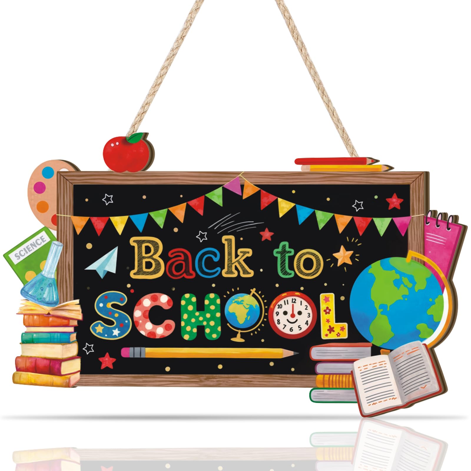 Aryroi Back to School Wood Sign,Blackboard Welcome Door Sign,Classroom Wall Decor,First Day of School Wooden Plaque Book Globe Apple Pencile Decoration for Student Class Nursery Home Room Office