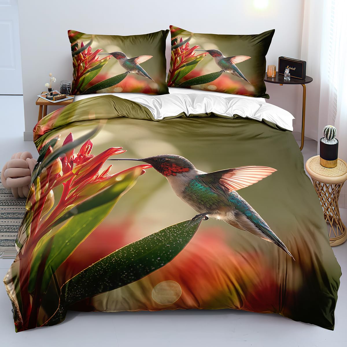 Housse de couette 260x240 colibri et oiseaux tropicaux verts pour lit style ferme