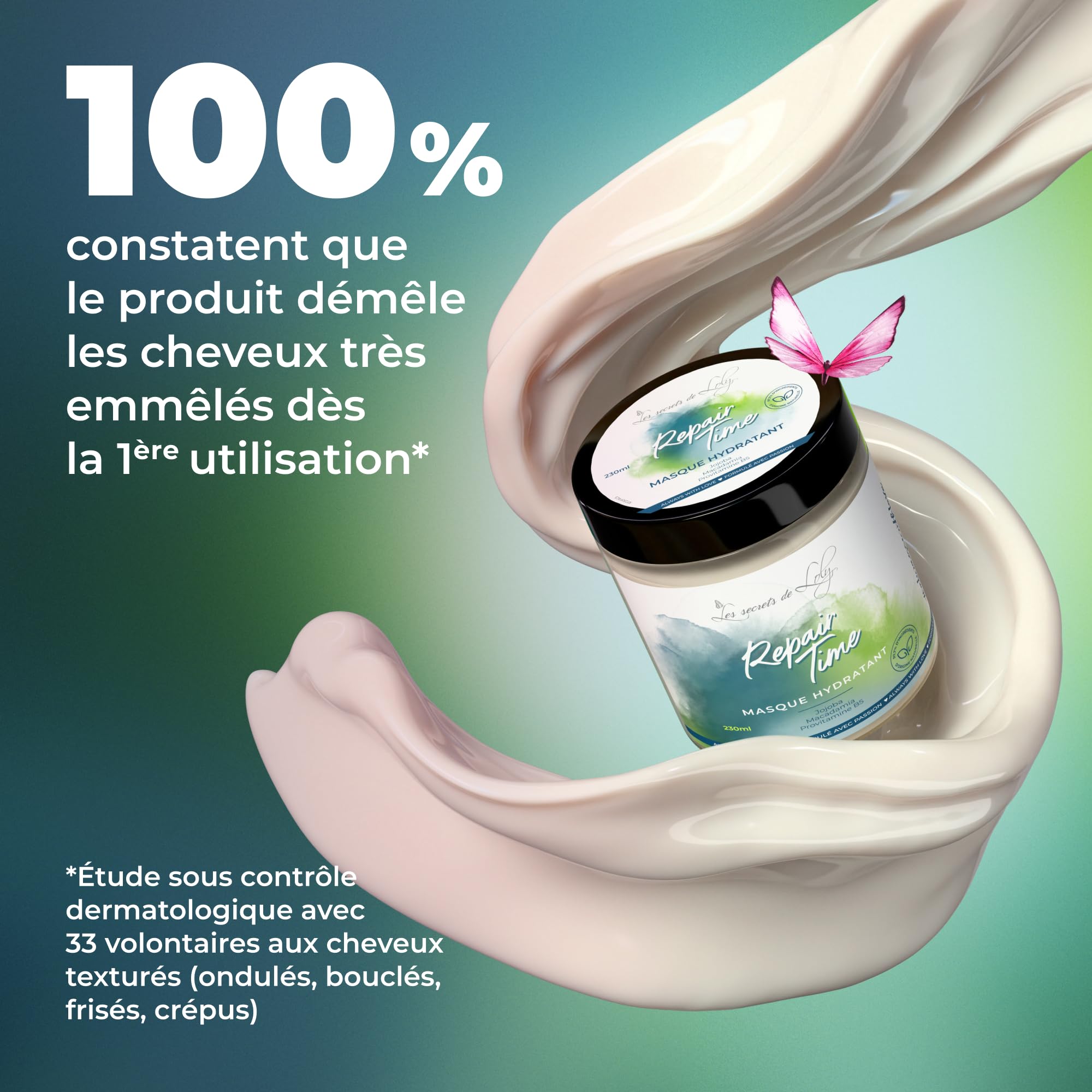 Les Secrets de Loly – Repair Time – Masque hydratant Fortifiant & démêlage facile – Cheveux ondulés, bouclés, frisés et crépus – +96% d'origine naturelle – 230 ml