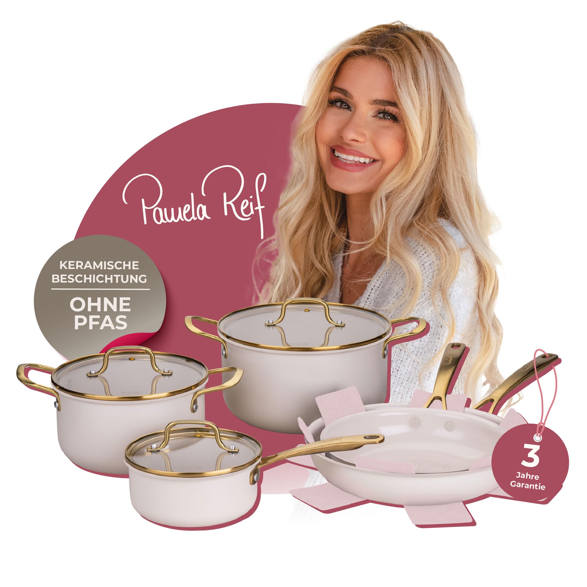 Fackelmann x Pamela Reif 10-teiliges Topf- und Pfannen-Set – gepresstes Aluminium, pastell beige, inkl. Pfannenschutz, für alle Herdarten geeignet