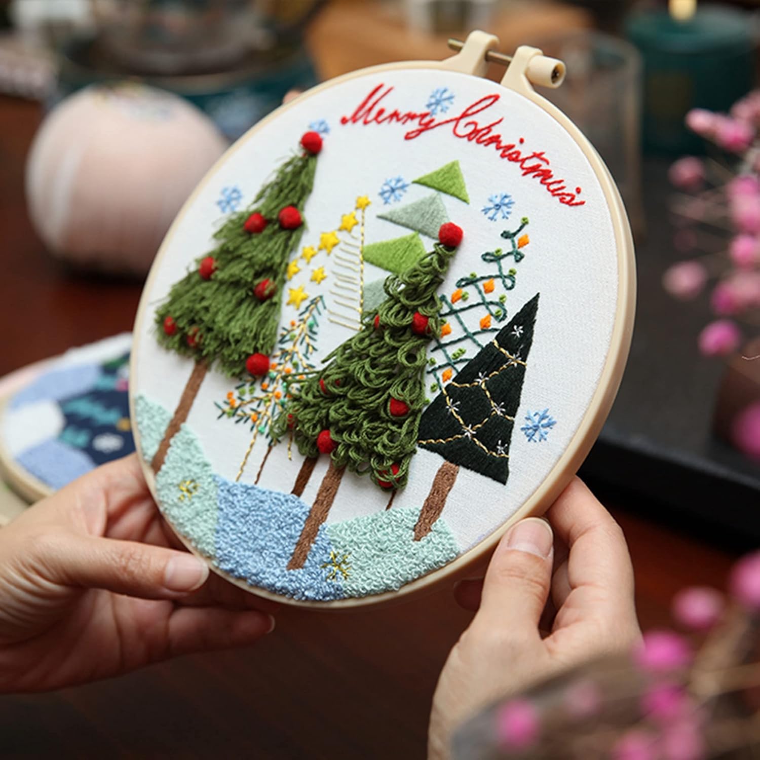 Feltsky 3 Pack Christmas Embroidery Kits for Beginners with Pattern, Cotton Threads, Needles, Instruction, 20cm Hoop - Gift for Mom, Grandma
