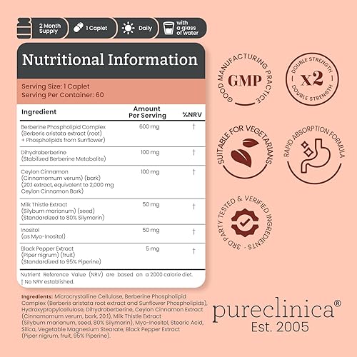 Miniatura 2 de pureclinica Complejo de berberina de doble fuerza, 700 mg de berberina activa, dihidroberina, canela de Ceilán, cardo mariano, 60 comprimidos, alta