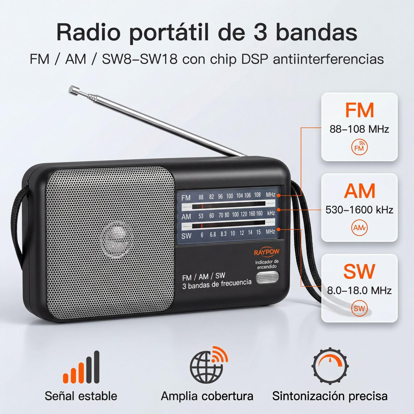 Radio portatile FM AM SW8~SW18 3 bande transistor, altoparlante potente, funziona con 2 batterie AA
