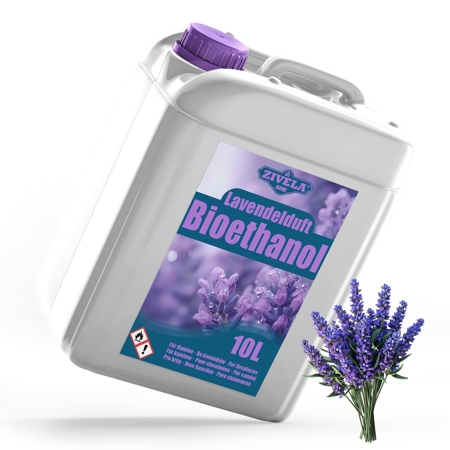 Bioetanolo 96,6% 10 l, profumo di lavanda di alcool biologico 96,6% 10 l, bioetanolo per camino, caminetto, camino a bioetanolo, profumo di lavanda, combustione pulita, senza fumo, fiamma vivida e