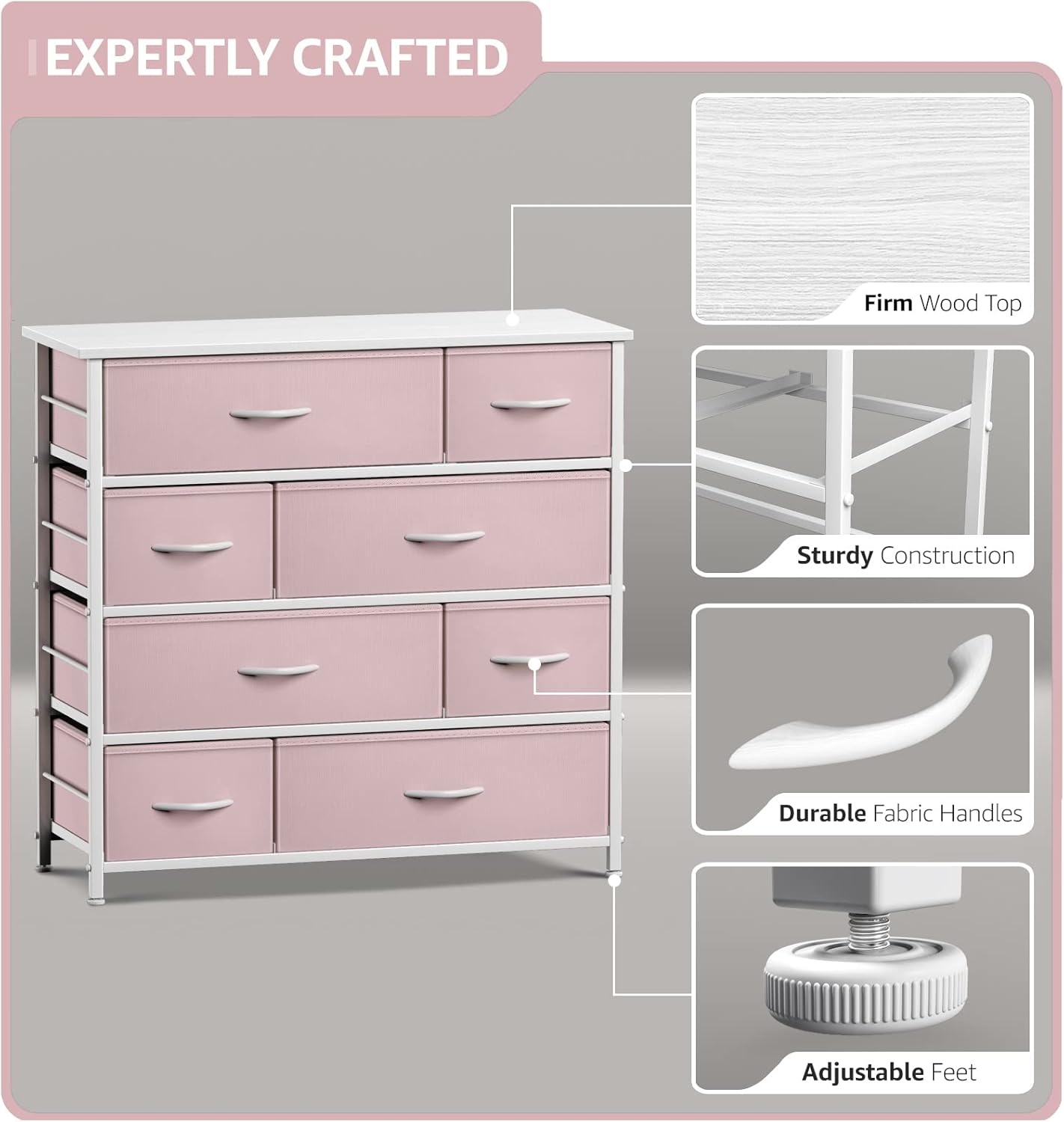 Pink 9-Drawer Fabric Storage Dresser with Steel Frame