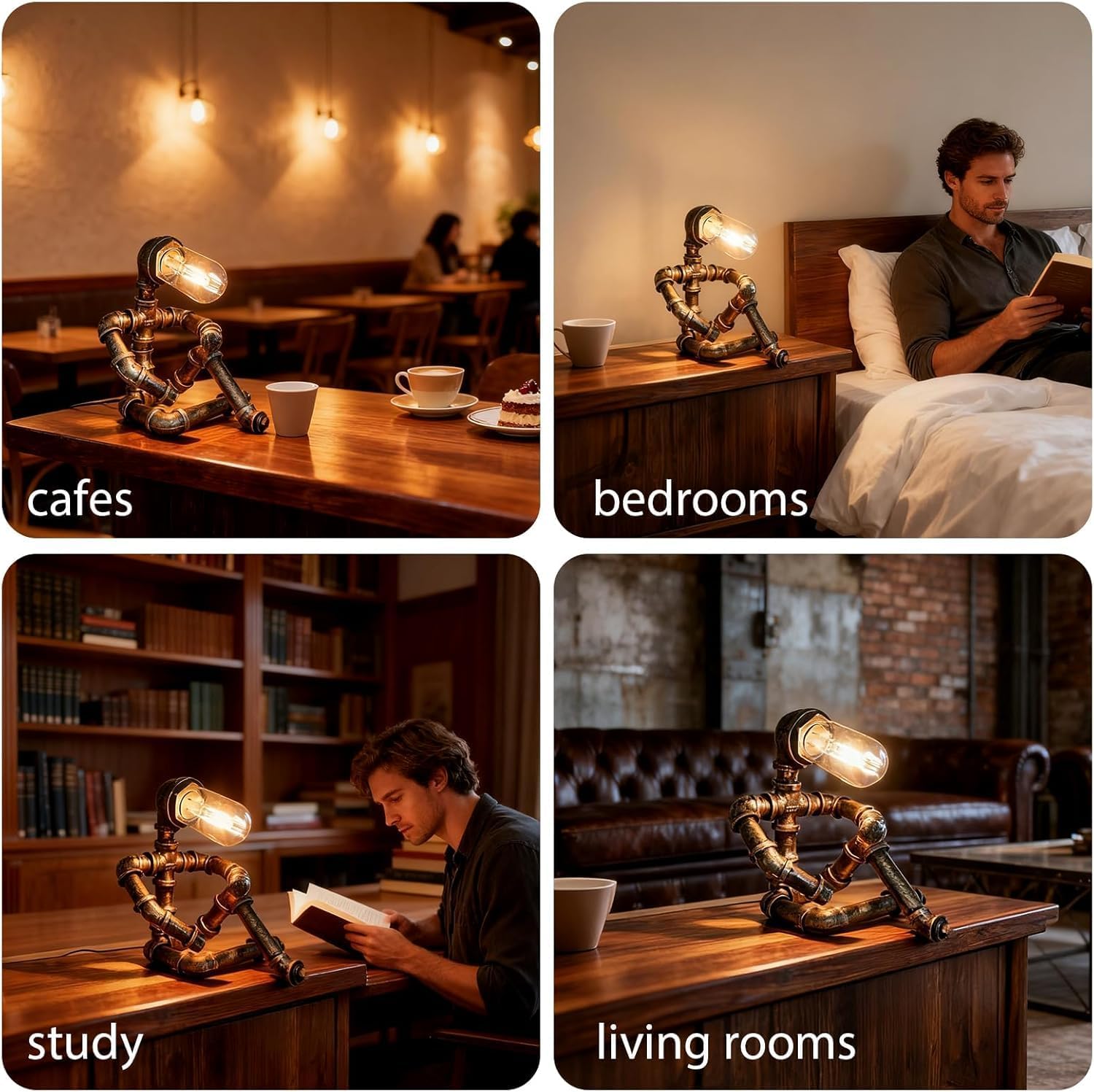 Steampunk Table Lamp, Industrial Water Pipe Lamp Retro Iron Piping Desk Lamp Vintage Nightstand Lamps for Bedroom Living Room Kitchen Café Dorm Pub