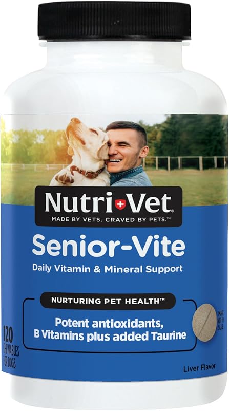 Nutri-Vet Senior-Vite Multivitamina, Suplementos para perros, Apoyo inmunológico, Suministros para mascotas, Vitaminas para perros, Esenciales para personas mayores, Fabricado en EE. UU., Multivitamina para mascotas, 120 unidades | Multivitamina diaria, vitaminas para perros mayores, vitaminas y suplementos para perros, apoyo inmunológico, nutrición equilibrada, salud general de las mascotas
