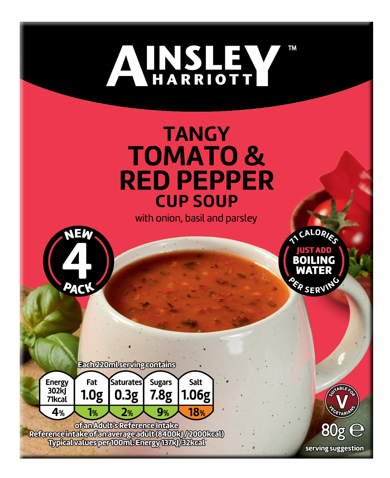 Ainsley Harriott Tomato & Roasted Red Pepper Cup Soup 8x80g sachets, Quick & Convenient Instant Soup, Quick Snack or Meal Alternative, Bulk Pack Multipack