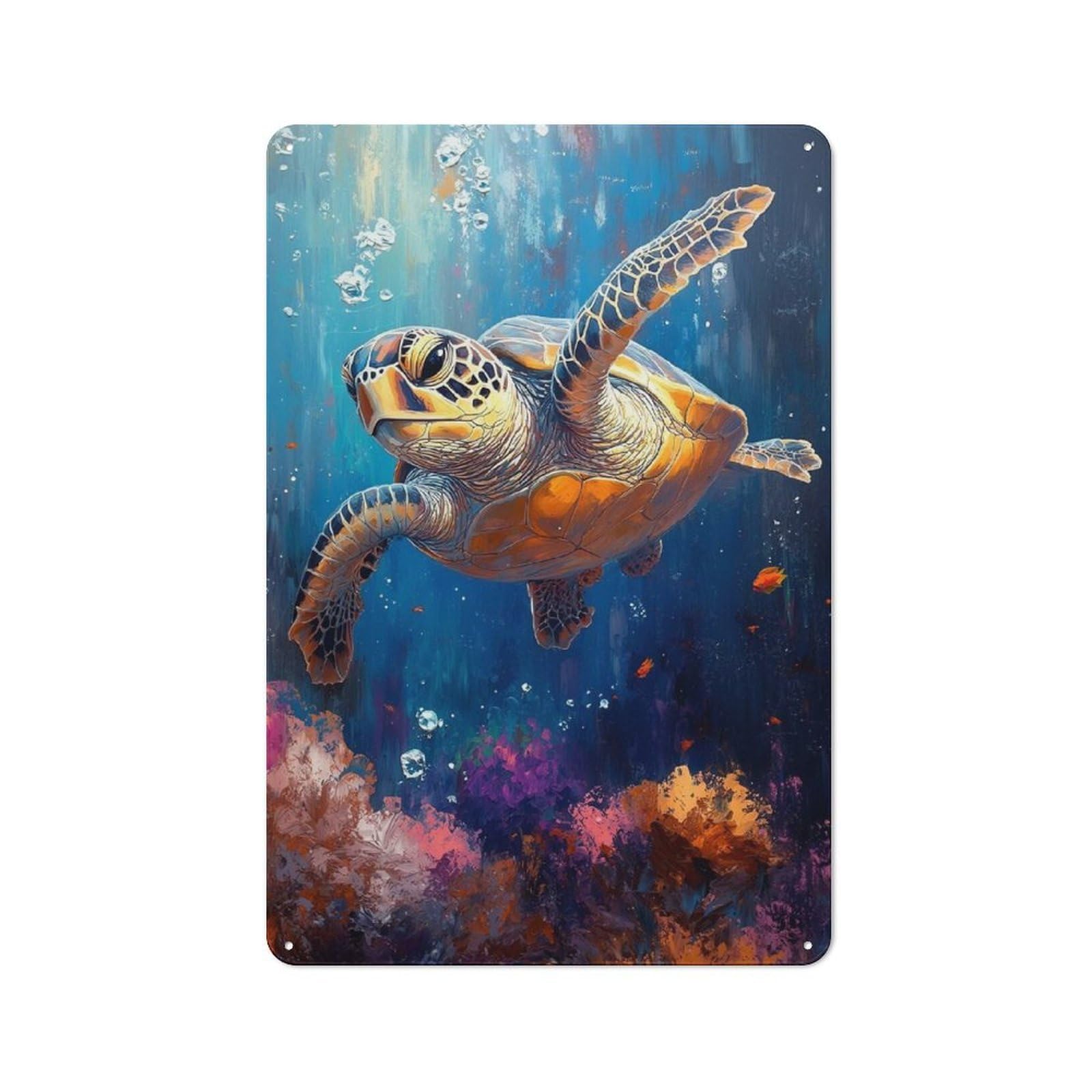 Junmoney Style-8 Sea Turtle Underwater Painting Vintage Metal Wall Decor 30X20cm, Tin Wall Sign For Restaurant, Kitchen, Counter Or Breakfast Nook