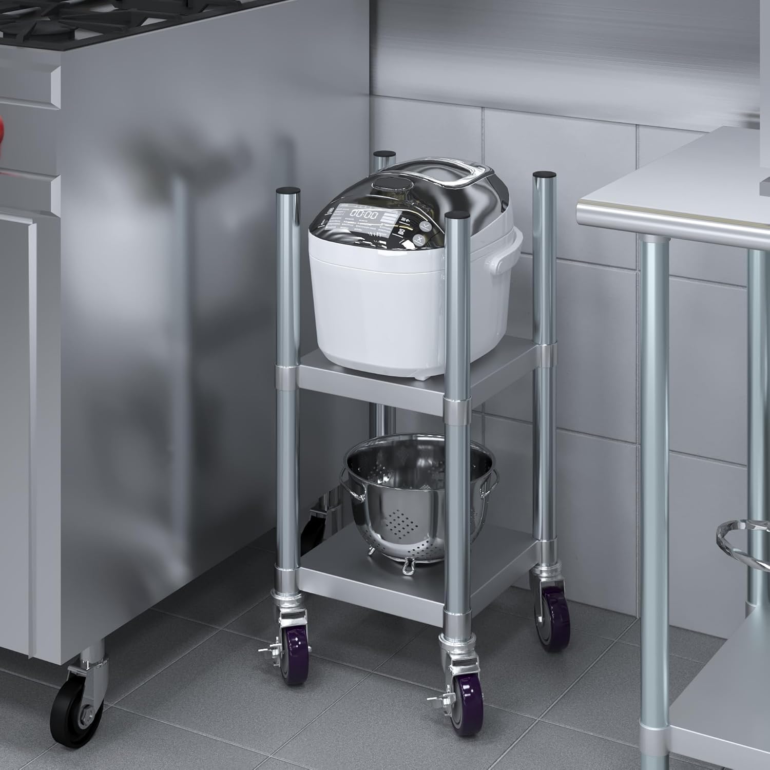 14 in. x 14 in. x 31 in. Stainless Steel Rice Warmer Stand with Two Shelves and Casters