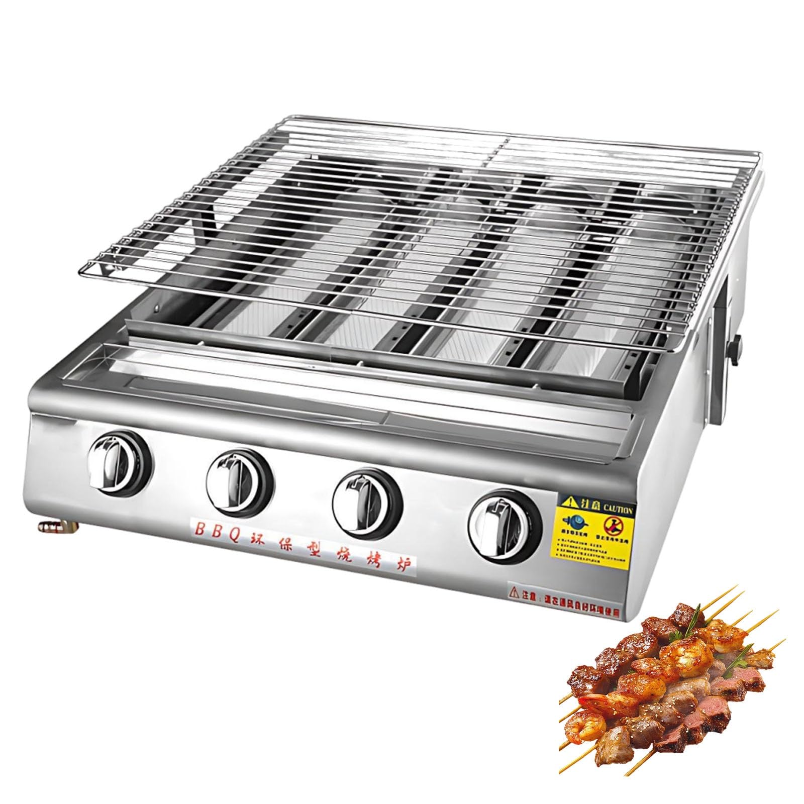 Grill Gazowy Stołowy ze Stali Nierdzewnej 304, 4/8/10 Palników, Plancha na Balkon i do Ogrodu, Regulacja Wysokości Rusztu, Przenośny Grill Campingowy, 28 mbar(4 Burner)