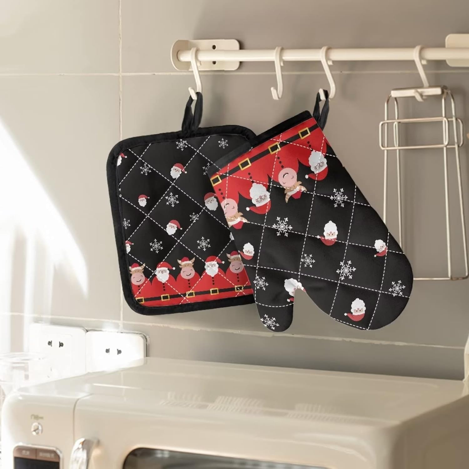 TODIYADDU 4 Pacs X-Mas Santa Claus Snowflake Oven Mitts and Pot Holders Lanyard Quilted Lining Design&Cozy Textured Grip Slip Resistant Oven Mitts Set Used for Baking Cooking