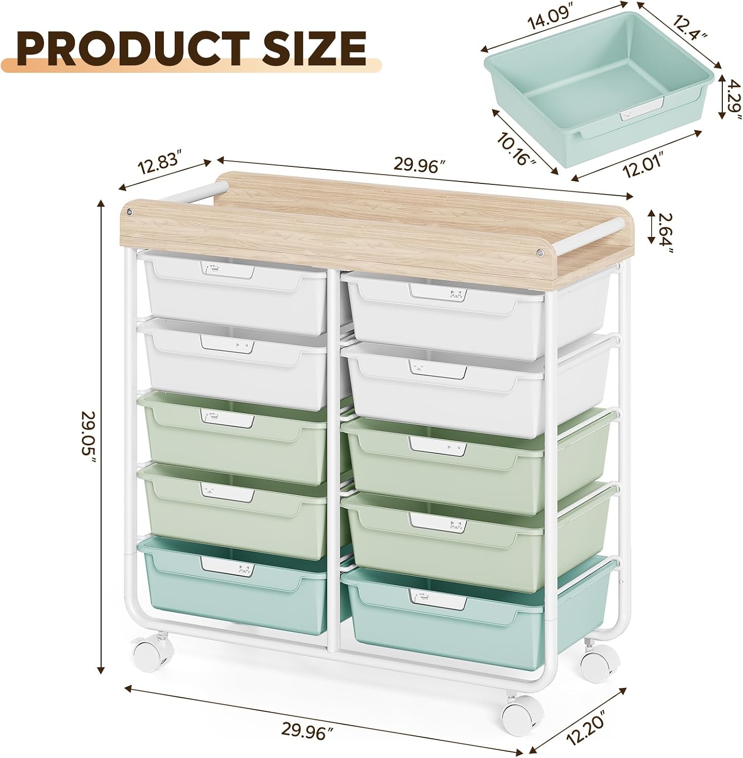 10-Drawer Rolling Storage Cart with Wooden Top, Craft Organizers and Storage with Plastic Drawers & Lockable Wheels, Versatile Craft Cart for Art Supplies, Classroom, Office & Nursery（Green）