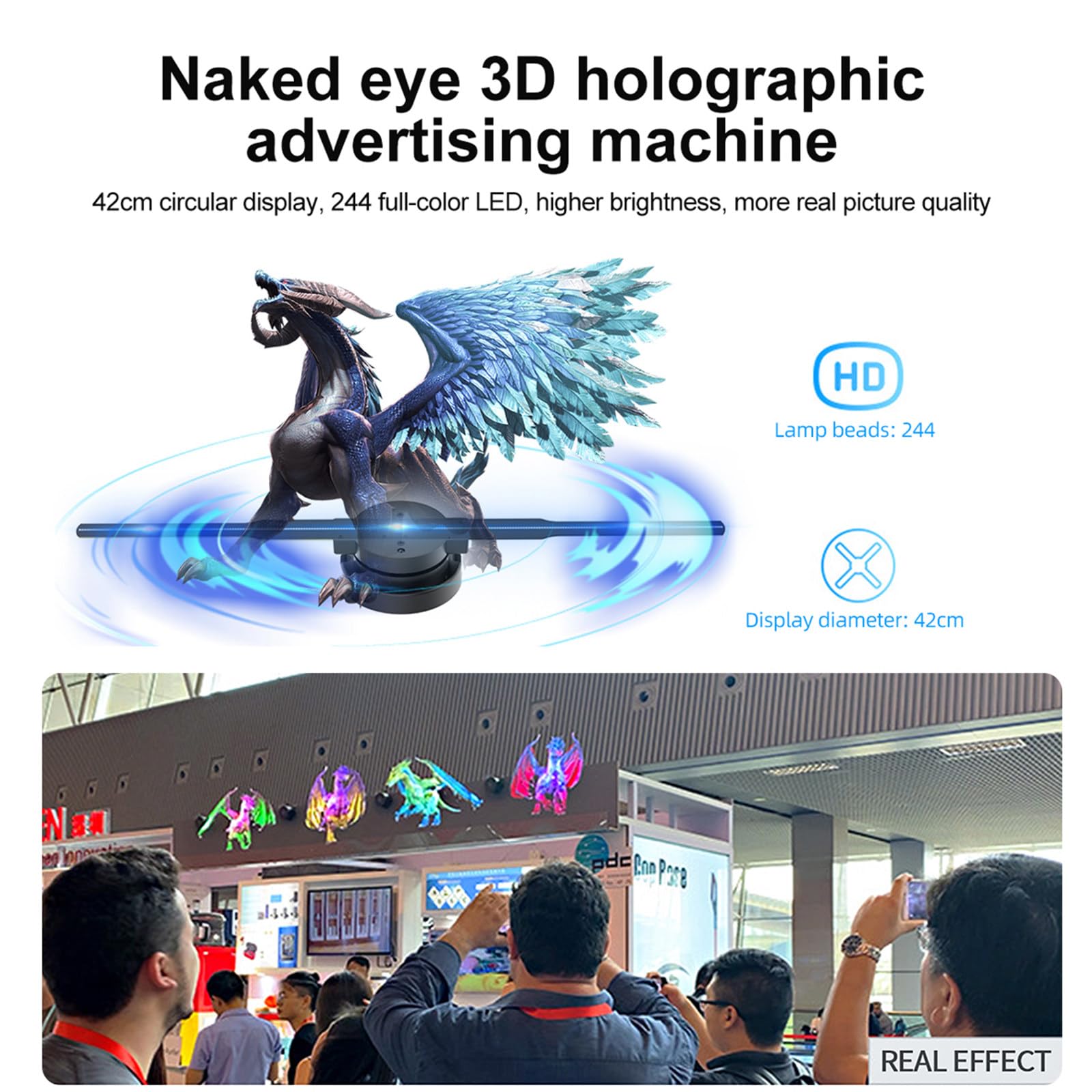 Wentylator holograficzny LED 3D (efekt bez okularów) z Bluetooth i aplikacją – wyświetlacz 1010RGB HD (352 diody LED) do sklepów i punktów handlowych