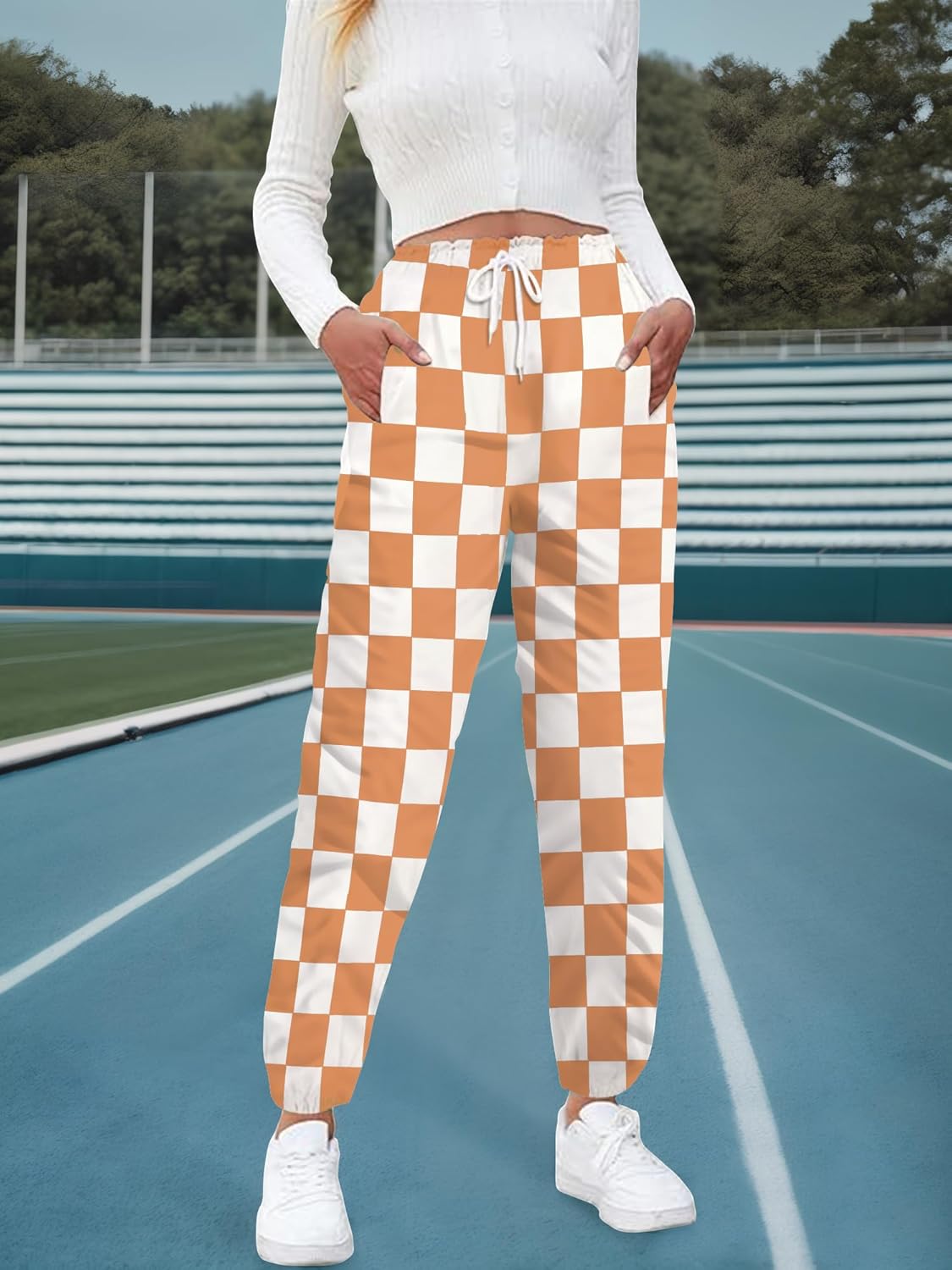 Womens Checkered Pants Baggy Sweatpants Drawstring Elastic Waist Y2K Athletic Joggers Lounge Pants with Pockets - Image 5