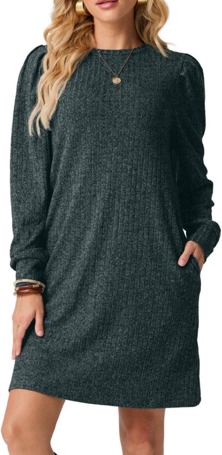 PrinStory Trui-jurk voor dames, winter, lange mouwen, ronde hals, mini-jurk met zijzak, Donkergroen, M