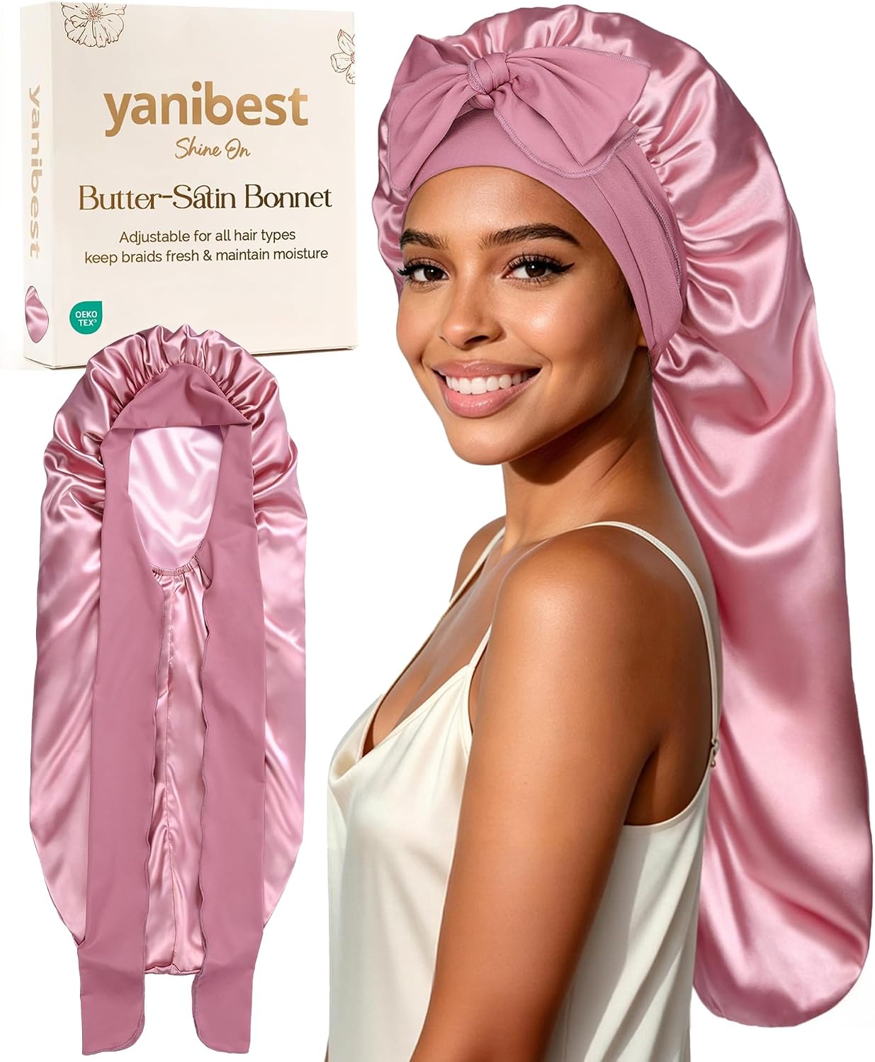 YANIBEST Satin Sleep Bonnet for Natural Hair- Extra Long Adjustable Silk Hair Bonnet for Braids, Locs, Curls