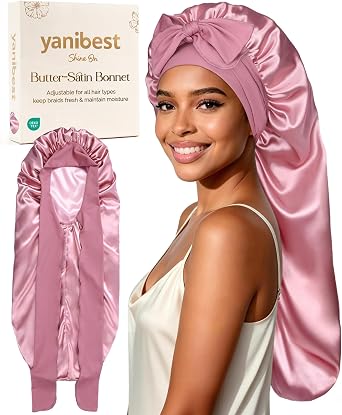 YANIBEST Satin Sleep Bonnet for Natural Hair- Extra Long Adjustable Silk Hair Bonnet for Braids, Locs, Curls