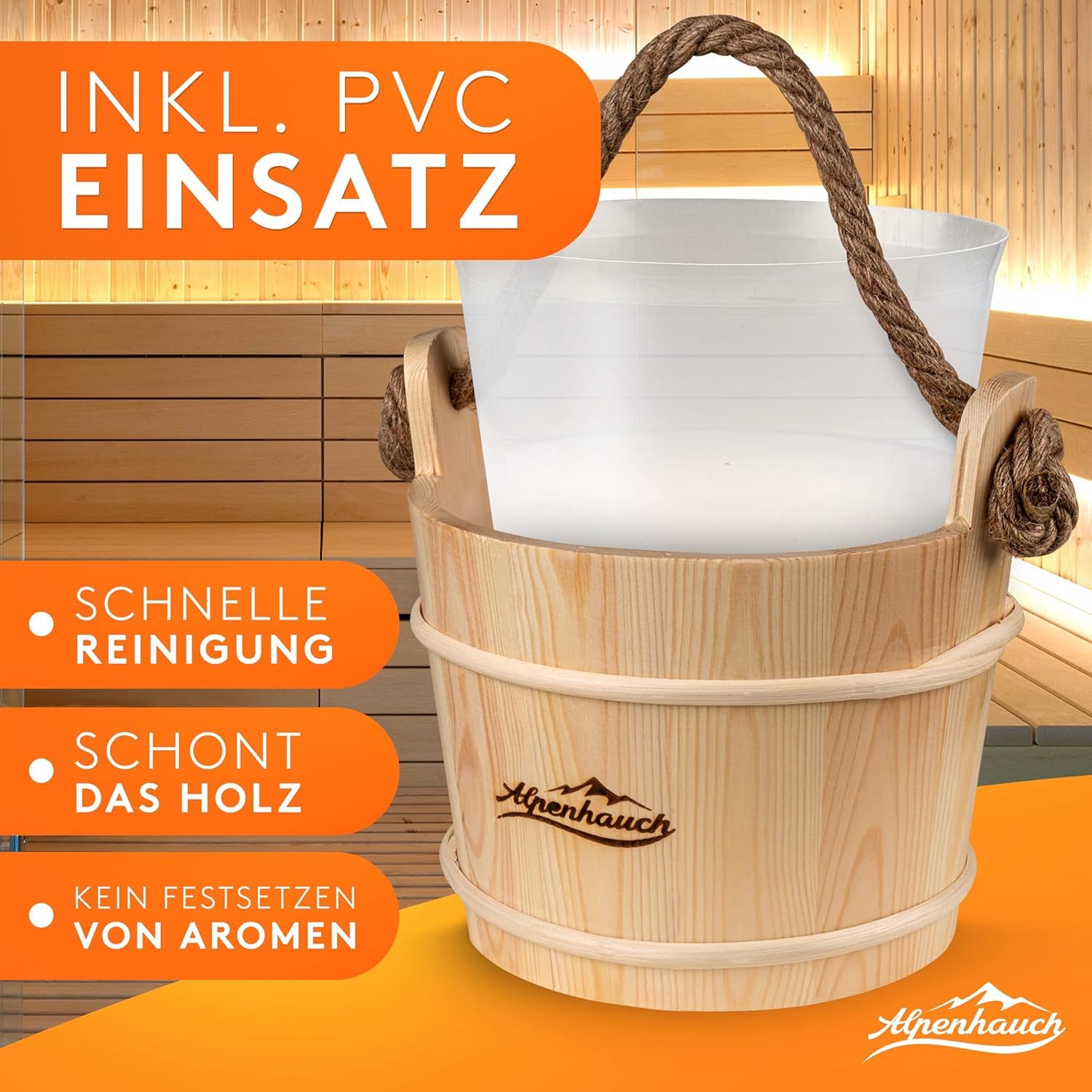 ALPENHAUCH Sauna Eimer mit Kelle 100% Naturholz - Saunakübel mit Sanduhr & Thermometer - Sauna Zubehör Aufgusseimer Set