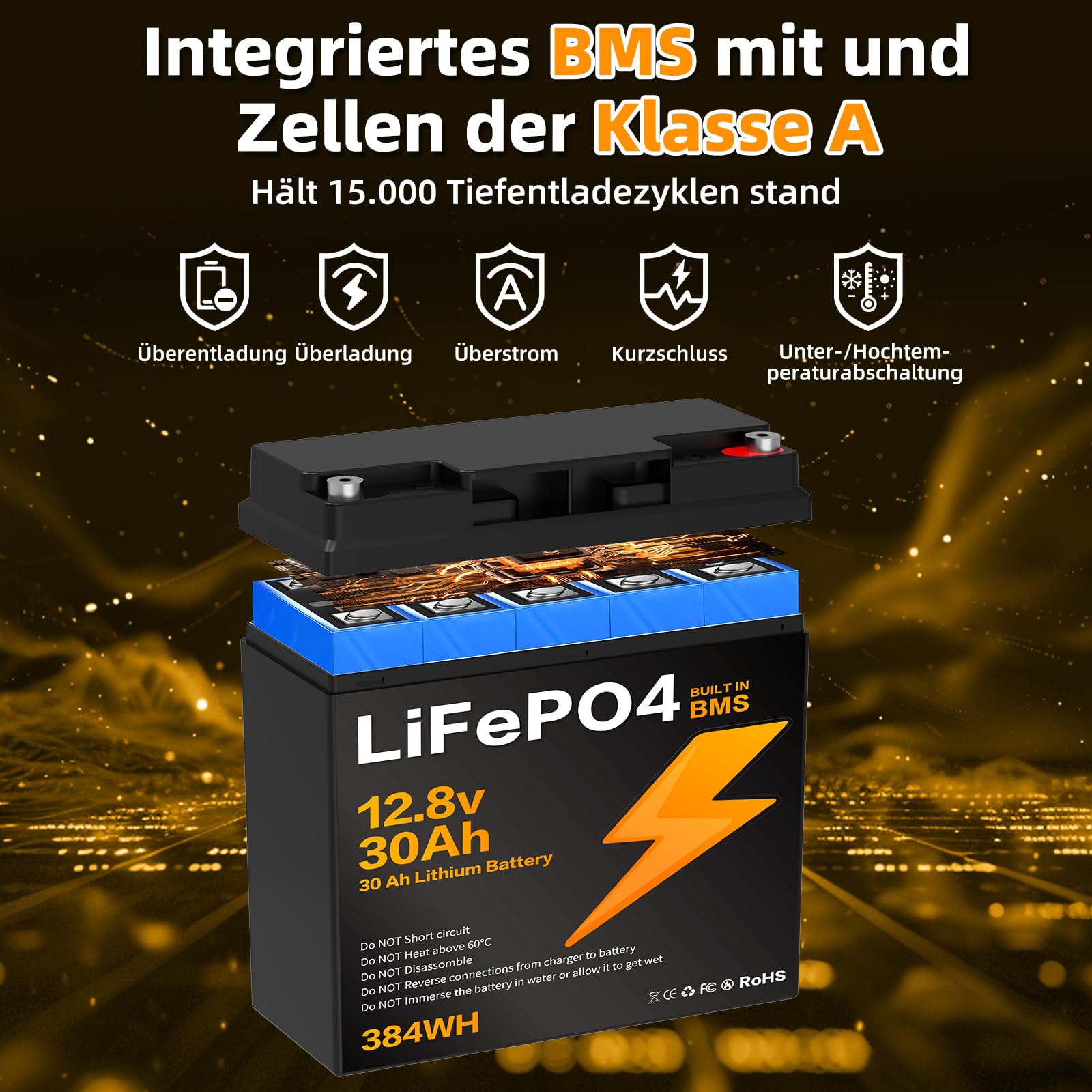 12V 30Ah Batteria LiFePO4, 15000 cicli di Scarica Profonda BMS 384Wh Adatta per moto Tosaerba Viaggi in Camper Barche Campeggio Ecoscandagli e Impianti Solari