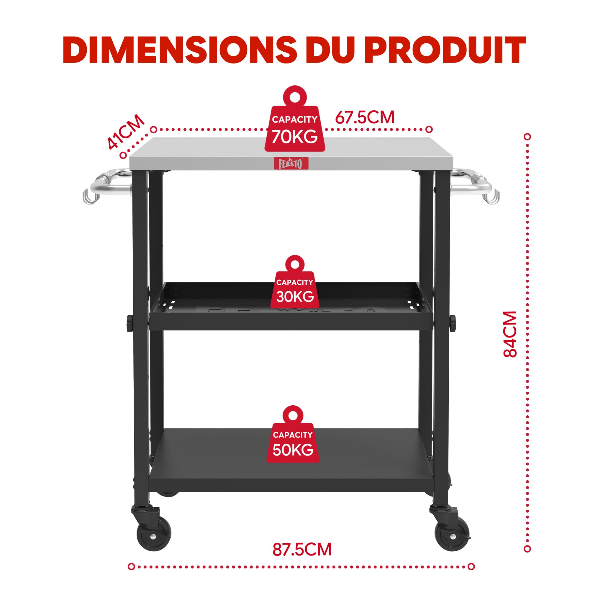 Feasto 3-Étagère Desserte de Jardin avec Plateau en Acier INOX | Chariot de Barbecue avec Étagère Centrale Réglable et 4 Roues Universelles, Idéal pour Intérieur et Éxtérieur, 87,5x41x84 cm