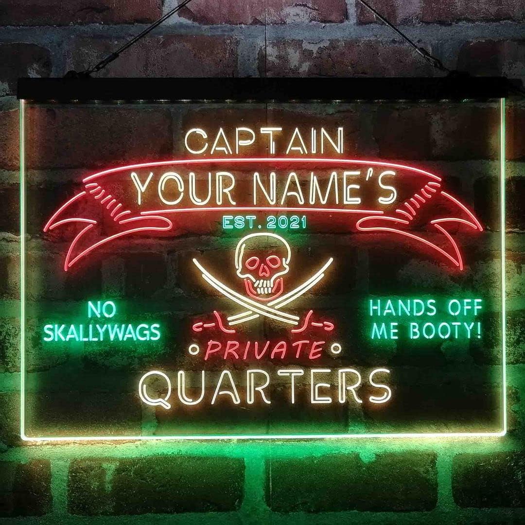 Personalized Private Quarters Man Cave Tri-Color LED Neon Light Sign Customize Name Date Text Quote Font Green & Red & Yellow 13 x 8.7 Inches st9s32-pw1-tm-gry