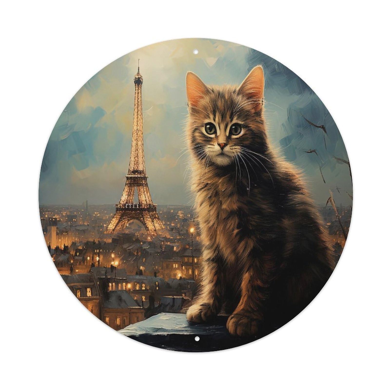 Animal Art Cat with Paris Tower Vintage Metal Tin Sign Plaque Wall Decor for Cafe, Club, Garden Round Metal Poster 8x8Inch