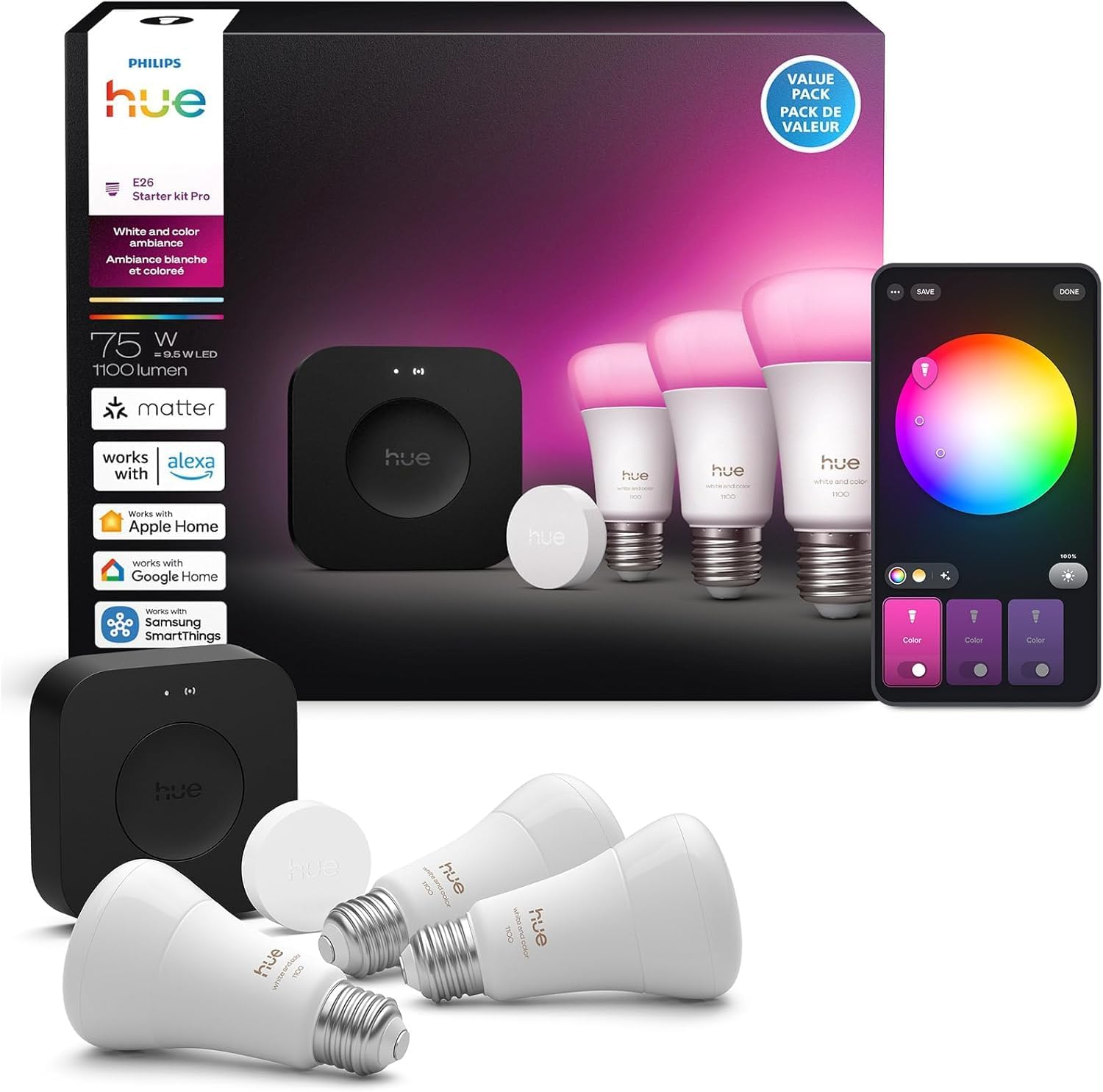 Starter Kit: Bridge Pro + 3 A19 E26 Smart Bulbs + Button, White & Color Ambiance, Smart Light Hub, Works with Apple Home, Alexa, Google, Samsung SmartThings