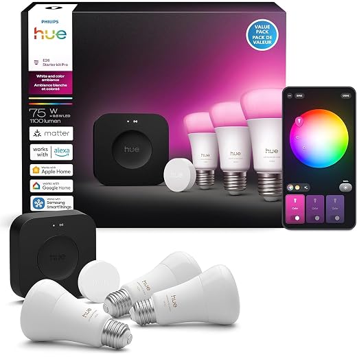 Philips Hue Starter Kit: Bridge Pro + 3 A19 Smart Bulbs + Button