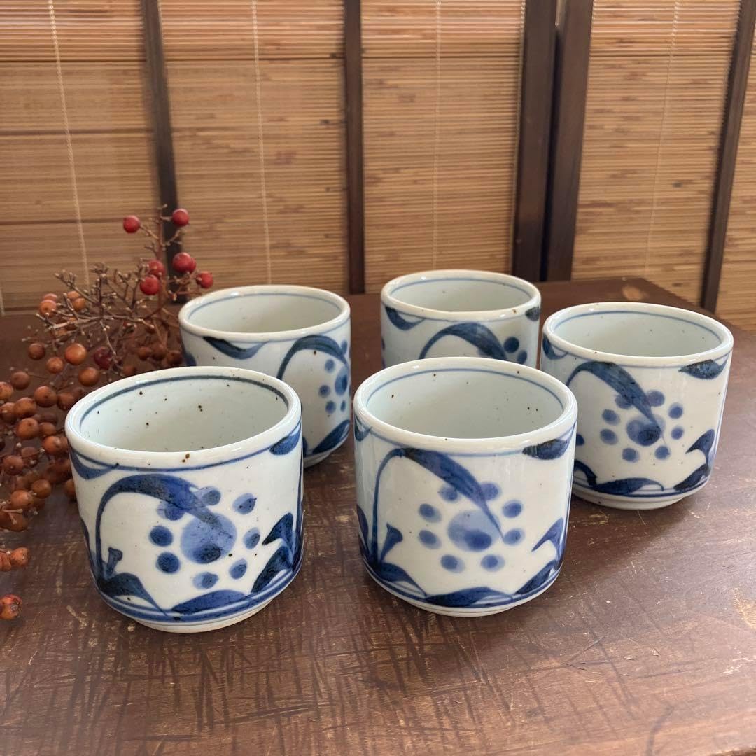 そば猪口 染付 5個セット ひ*し様 古伊万里 菖蒲模様の