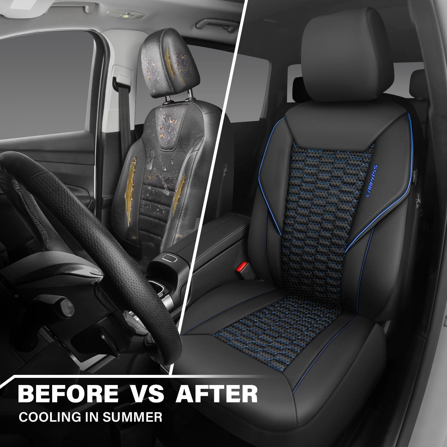 CAR PASS 3D Foam PU Leather Car Seat Covers Front Seats, Blue Faux Leather Front Seat Covers for Car, Universal Fit for SUV Truck Sedan Automotive, Armrest Airbag Compatible,Black and Blue