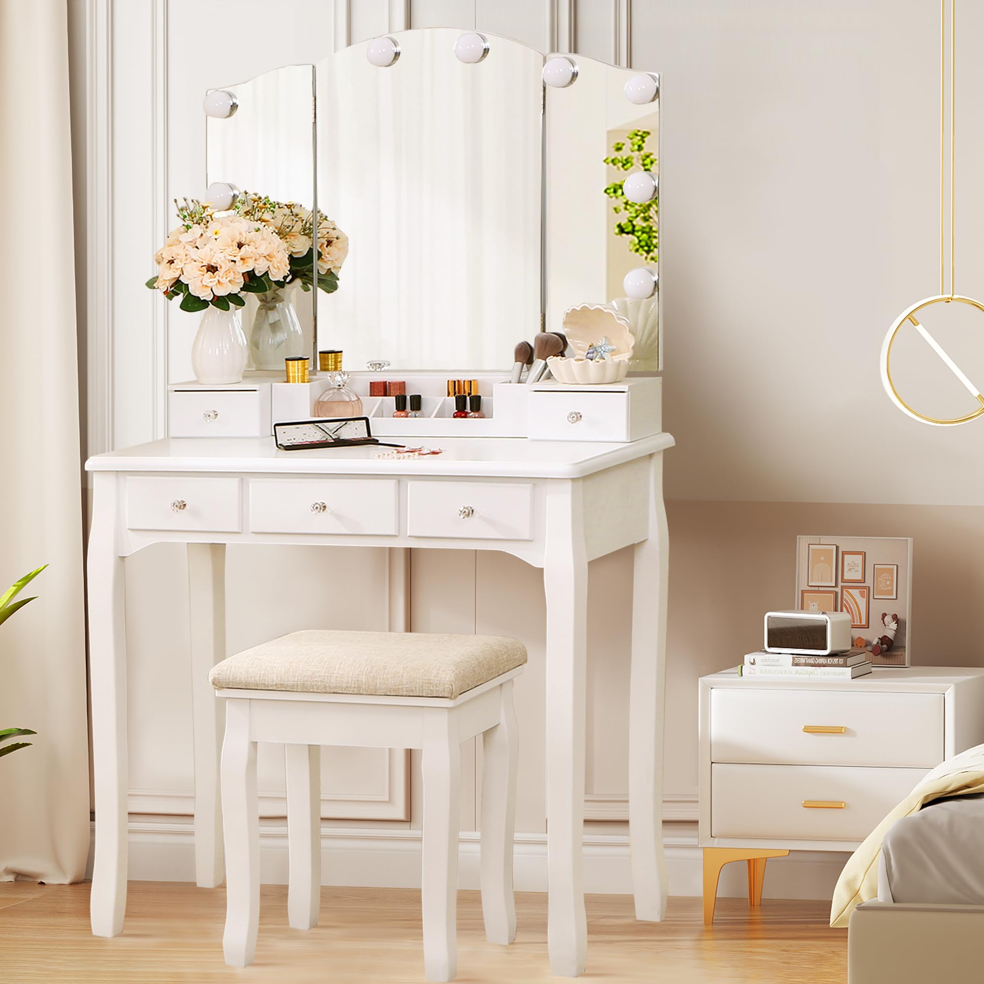 Coiffeuse Avec Miroir Lumineux LED Réglable + Tabouret - 6 Tiroirs, 131x36x80 Cm, En MDF Noir - Pour Maquillage Et Rangement