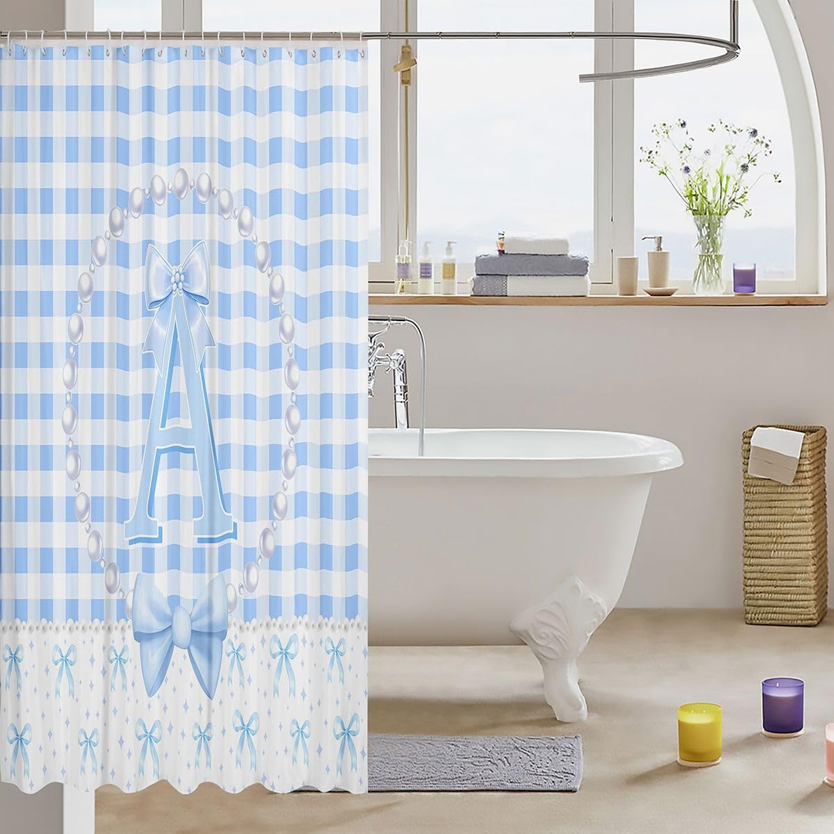 Erosebridal Blue and White Bow Fabric Shower Curtain 72 x 78 Inch image 3