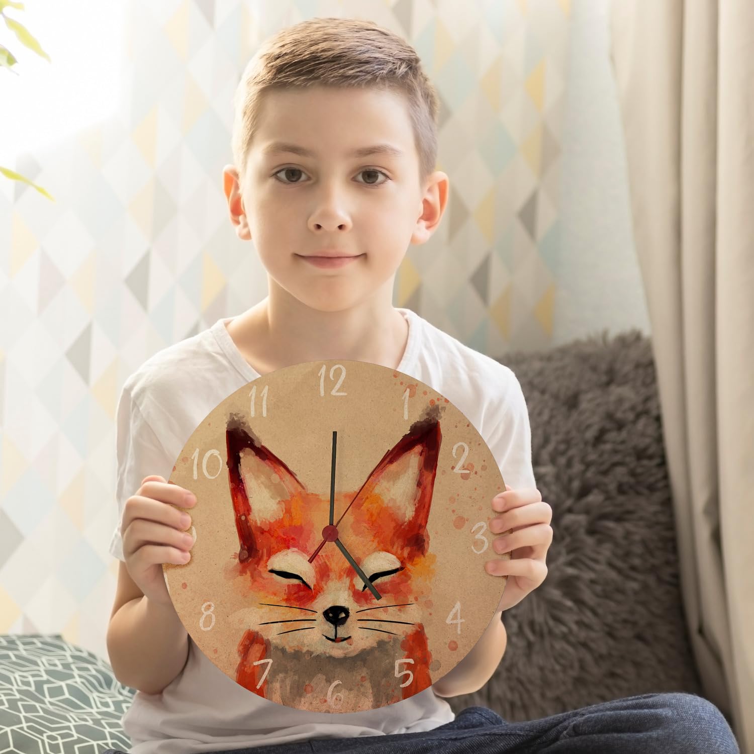 Orologio da parete a forma di volpe con effetto acquerello, bellissimo orologio per la cameretta dei bambini con simpatica volpe come decorazione per la cameretta dei bambini