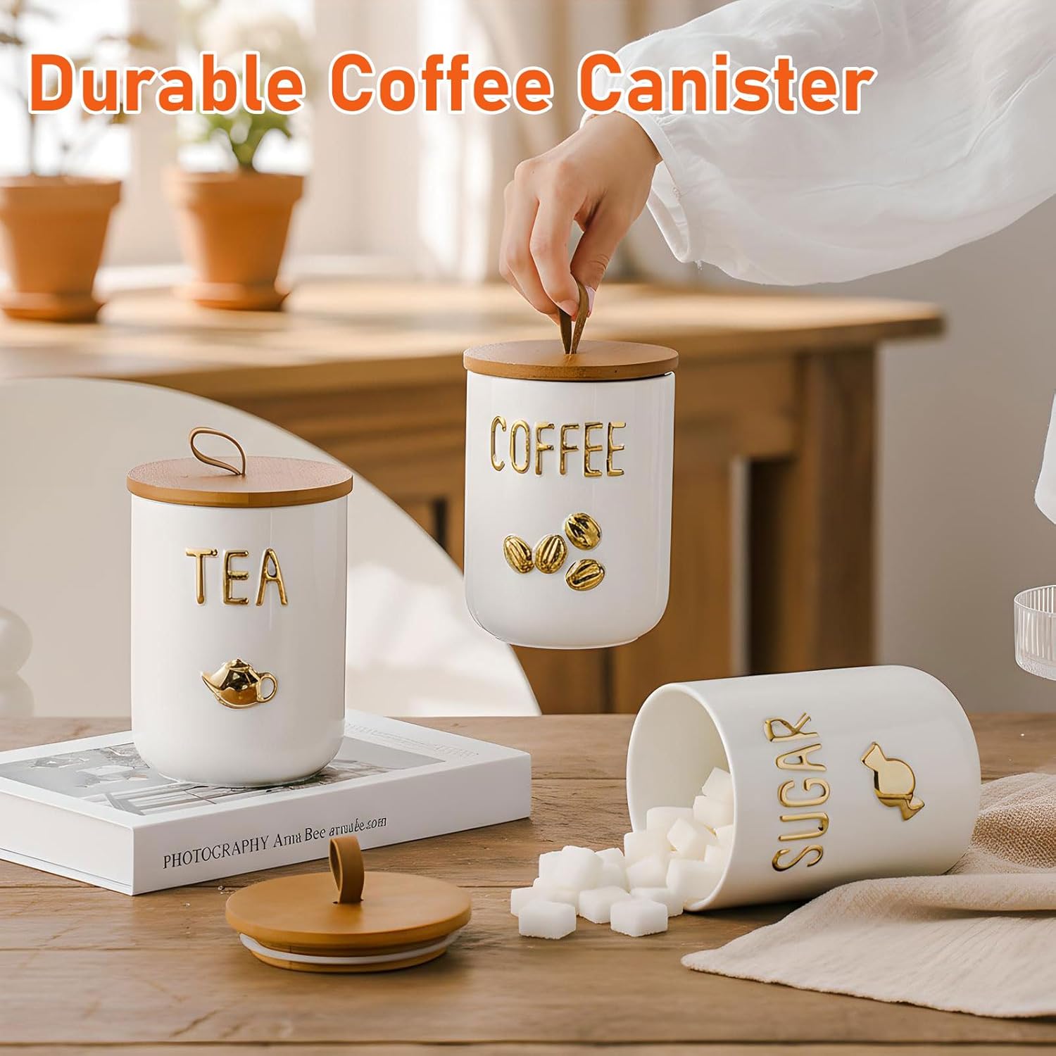 jessie 27oz Ceramics Coffee Canisters with Airtight Seal Bamboo Lid Silicone,Coffee Bean Storage for Kitchen Countertop,Food Storage Jars for Coffee Bean Ground Coffee (Sugar)