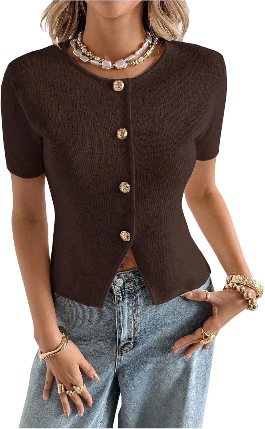 GORGLITTER Women's Short Sleeve Button Down Sweaters Cardigans Knit Tops Trendy Dressy Cute Cozy Cropped Sweater