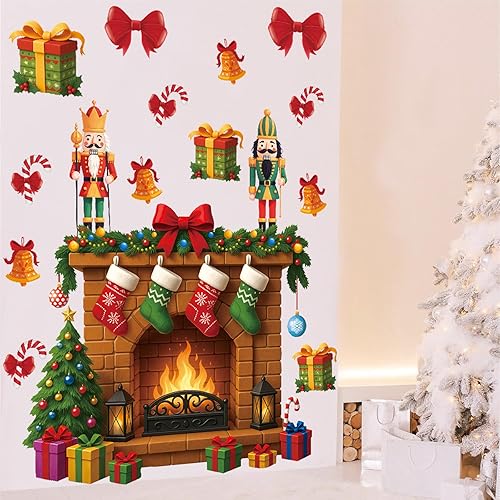 Miniatura 6 de Calcomanías de pared grandes para chimenea, calcomanía 3D de pared de Feliz Navidad, calcomanías de dibujos animados de Papá Noel para colgar en la