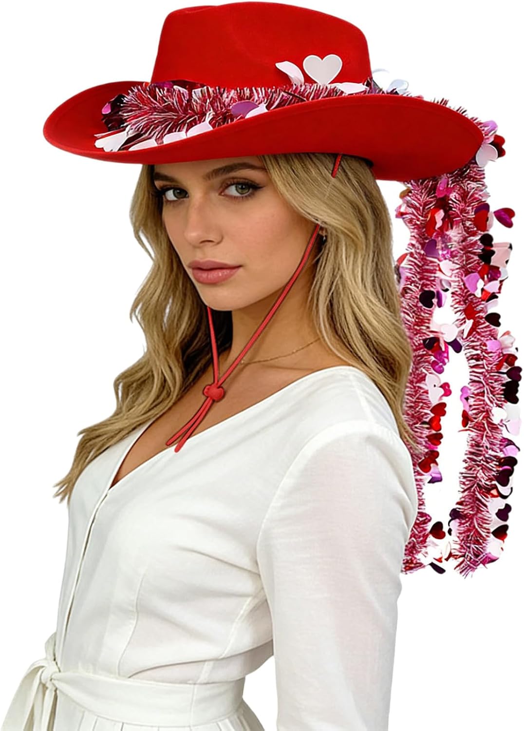 Women's Western Cowboy Hat Wide Brim Cowgirl Hat with Valentine Heart Tinsel Garland Tassel