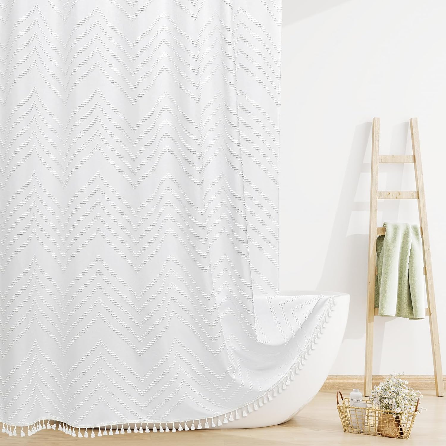Extra Long White Shower Curtain 72 x 84 Inches, Boho Tufted Chevron Striped Fabric with Chic Textured Design, Modern Farmhouse Waterproof Bathroom Shower Curtain