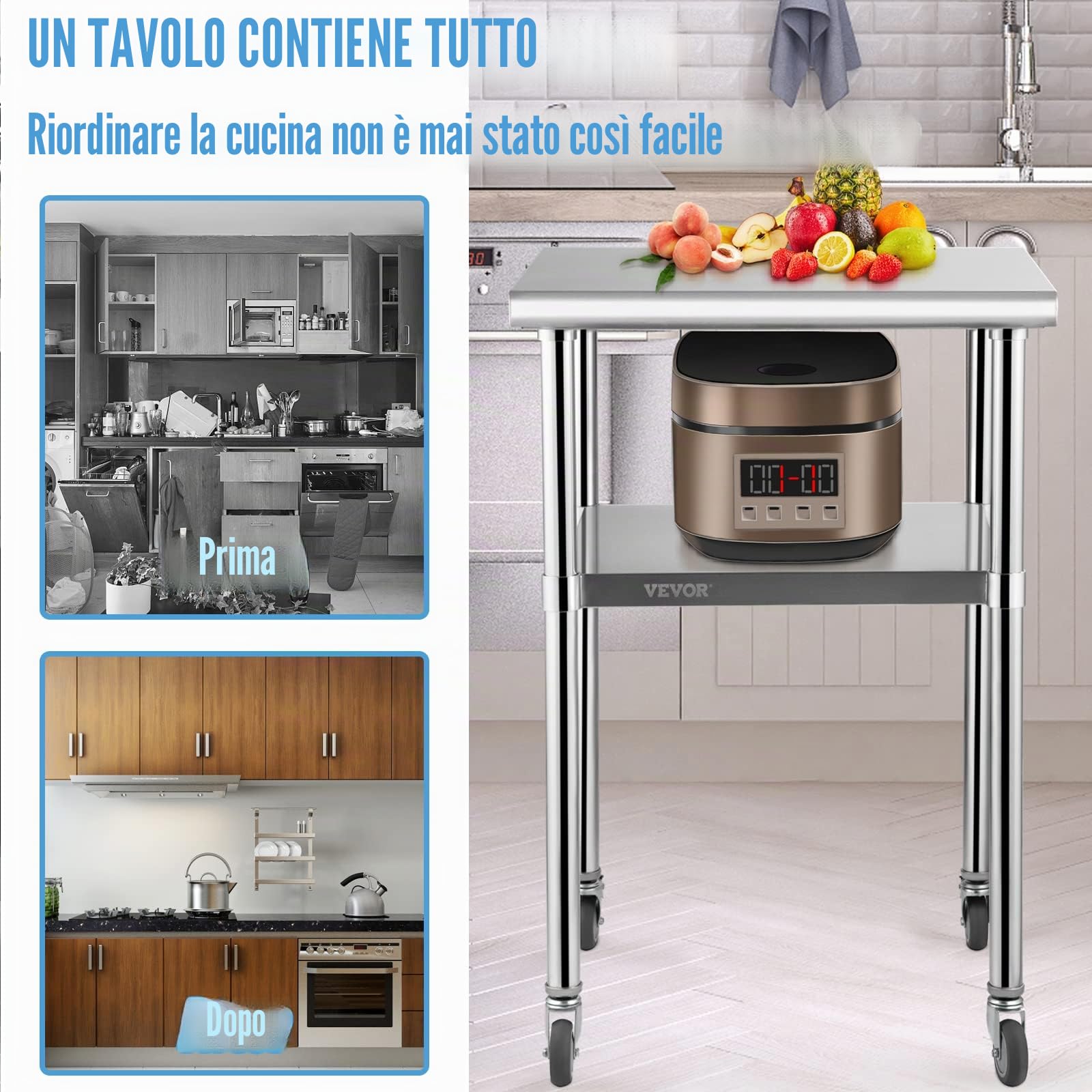 VEVOR Tavolo da Lavoro in Acciaio Inox con Ruote 61x61x91,4 cm, Tavolo di Preparazione 2 Ripiani Portata max. 272,4 kg, per Cucina Commerciale Altezza Ripiani Regolabile per Ristorante Bar