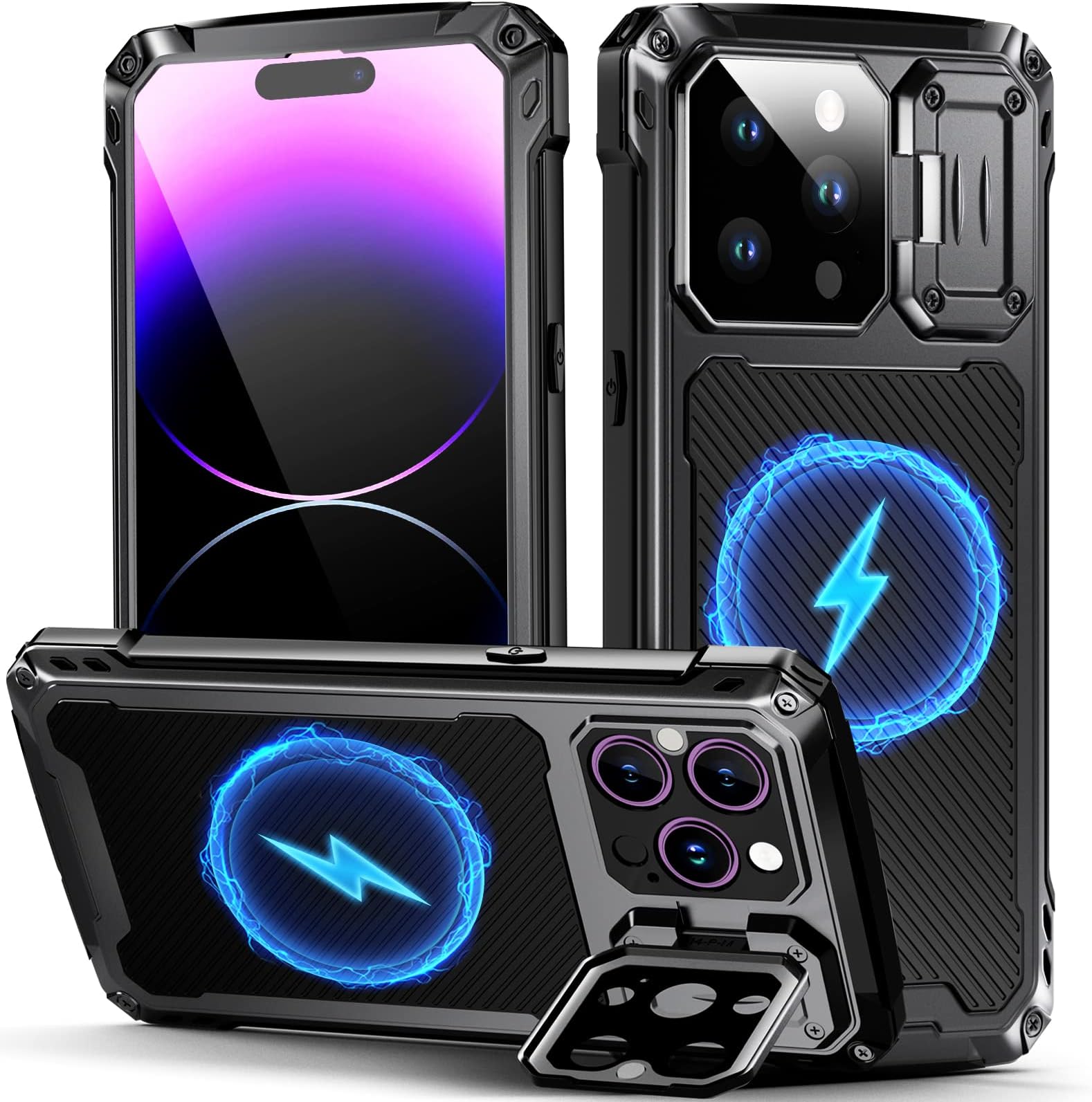 WIFORTfor iPhone 14 Pro Max Metal Case, Built-in [Camera Stand][Compatible with][Glass Screen Protection], Heavy Duty Kickstand Armor Magnetic Rugged Military Grade Case 6.7", Black