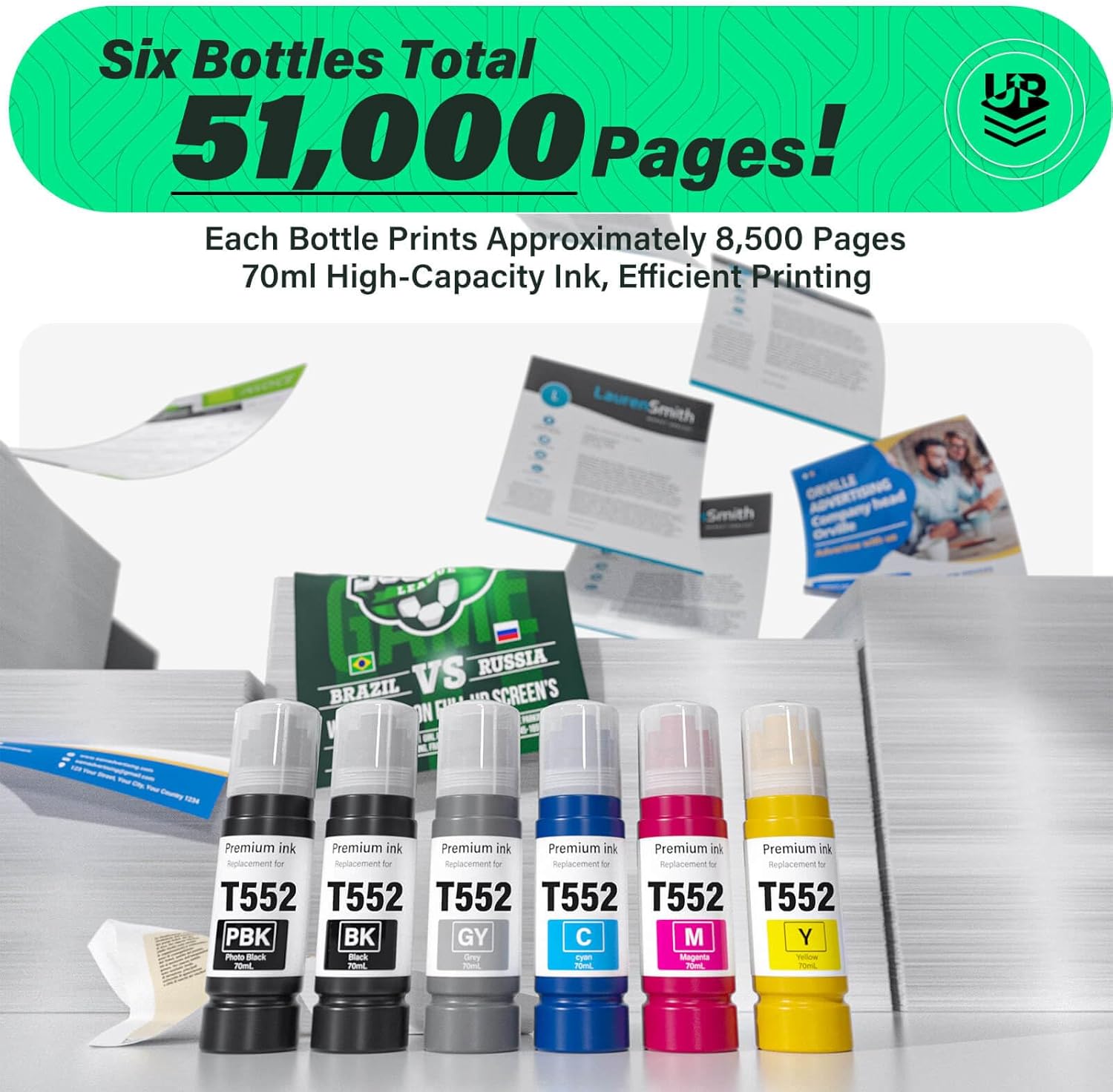 Compatible for 552 Ink Refill Bottles 6 Pack (NotSublimation Ink) Compatible Replacement for Epson Ecotank Photo ET-8550 ET-8500 ET8550 ET8500 8550 8500 Printer, T552 Ink (BK Pigment, PB C M Y GY Dye)