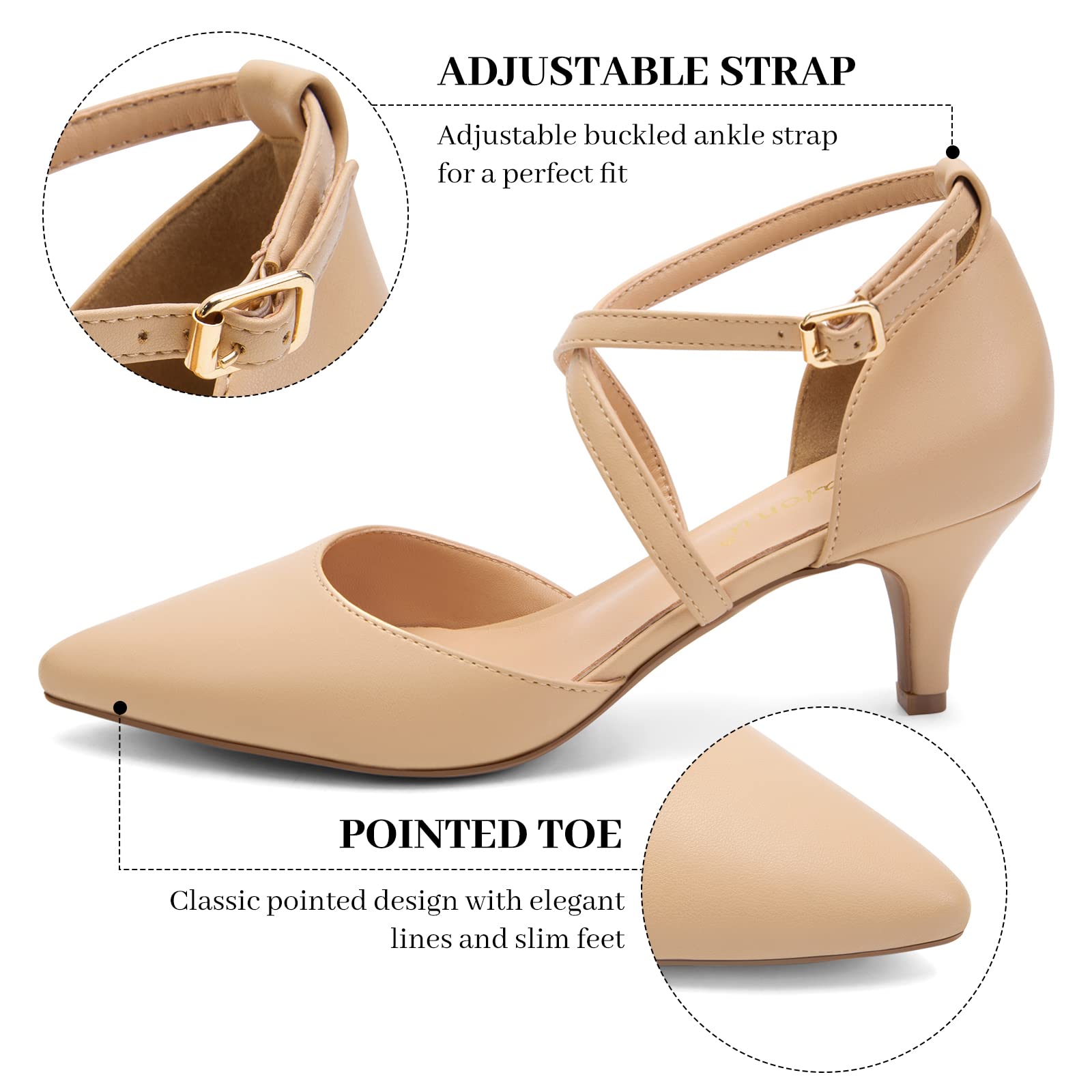 Greatonu Mujer Zapatos de Tacón Kitten Heel Tiras Cruzadas Puntiagudo de Salón