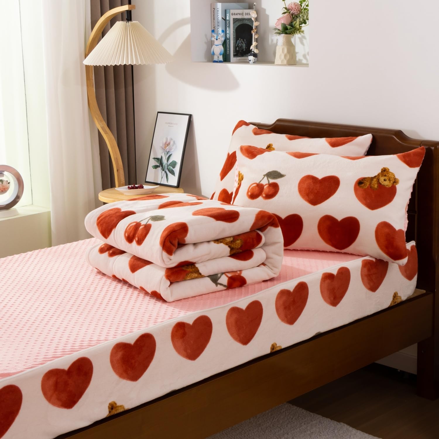 Meeting Story Zip Up Comforter for Kids,3pcs Fluffy Comforter Set Zipper Bedding Set for Girls,Twin Kid Fleece Comforter Love Pattern Bear Plush Bedding（Red,Twin）