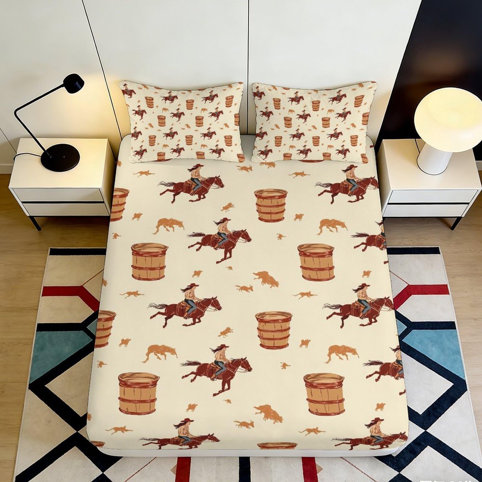 3D Printed Cowboy Rodeo Fitted Sheet Microfiber Western Barrel Horse Mattress Cover for Bedroom Guest Room Decor 90x200x25cm