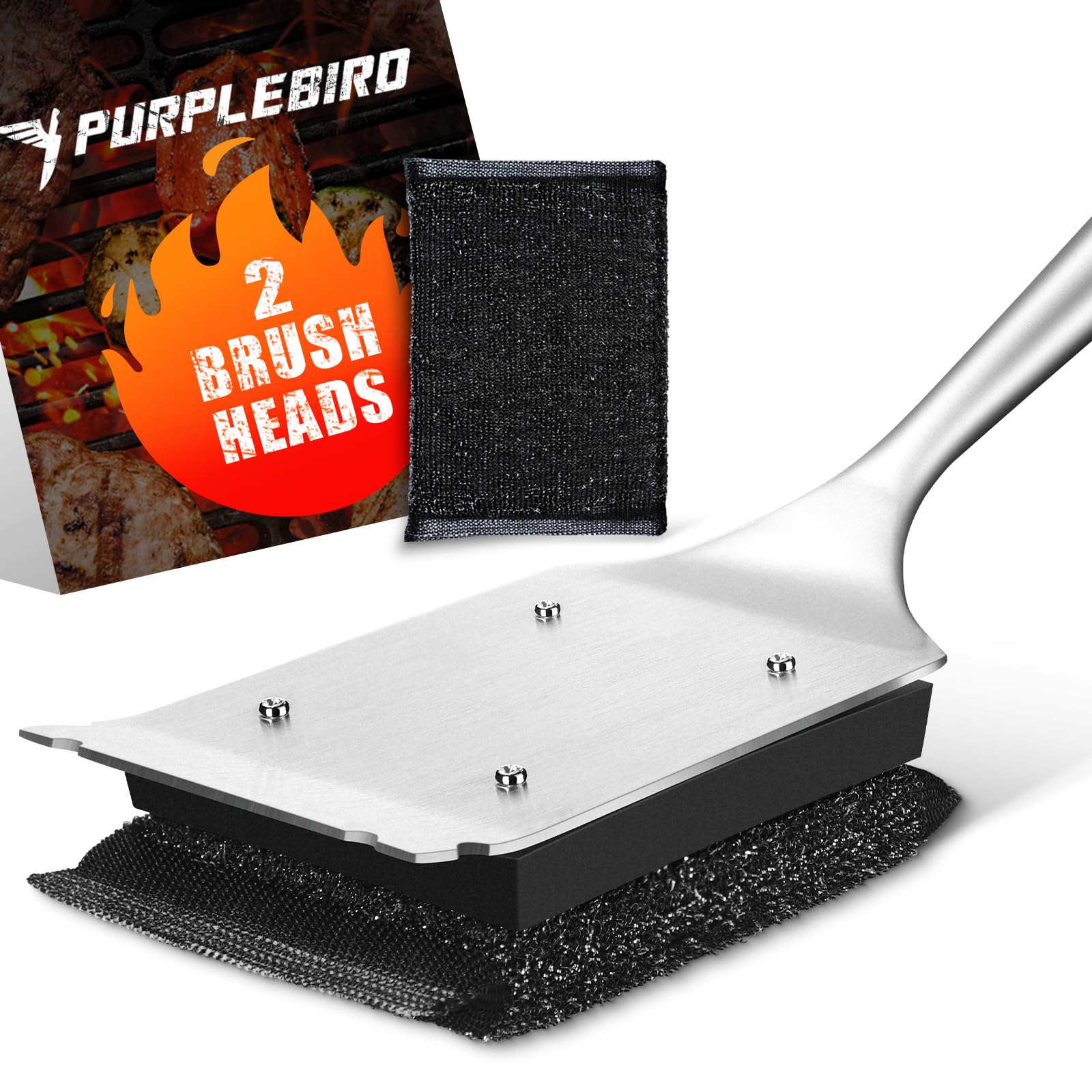 PURPLEBIRD Grill Brush Bristle Free for Outdoor Grill, 3 in 1 BBQ Brush with Scraper & Bottle Opener, Grills Cleaning Brushes with 1 Replacement Head, Grills Scrubber with Wood Handle, Fathers Gift
