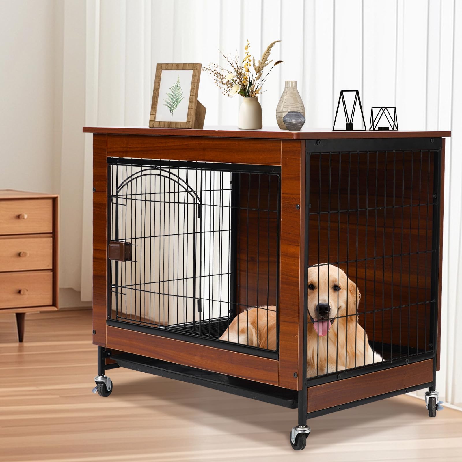 Gabbia per Cani a Stile Mobile, 78cm Casetta per Cani in Legno Moderno per Interni, Multifunzione con Ruote Universali & Vassoio Rimovibile, Adatta a Cani Piccoli/Medi, 78x55x73 cm, Marrone Vintage